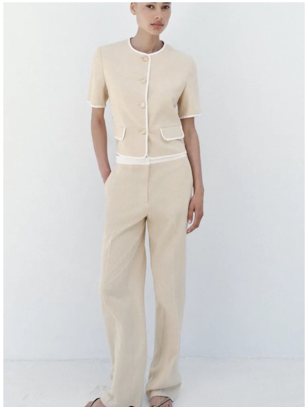 Zara Linen Blend Straight Leg Pants White Waistband Size M NWT High Rise